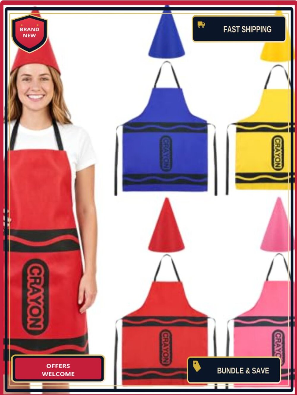 Crayon Apron & Cone Hat Costume Set Group Halloween Teacher Party